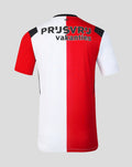 Back view of men's Feyenoord Pro home shirt 2026-2027 in red and white halves with bold sponsor text across the upper back.