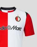 Close-up of Feyenoord Pro Thuisshirt with red white vertical split, club crest on chest and Media Markt sponsor across front.