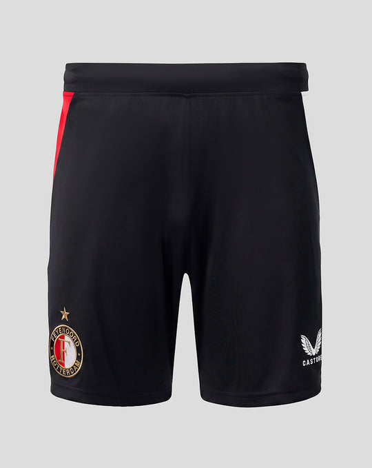 Back view of black Feyenoord Thuisshort with red side stripe, crest on left leg and Castore logo on the right