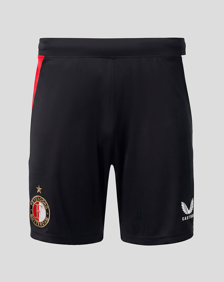 Back view of black Feyenoord Thuisshort with red side stripe, crest on left leg and Castore logo on the right
