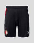 Back view of black Feyenoord Thuisshort with red side stripe, crest on left leg and Castore logo on the right