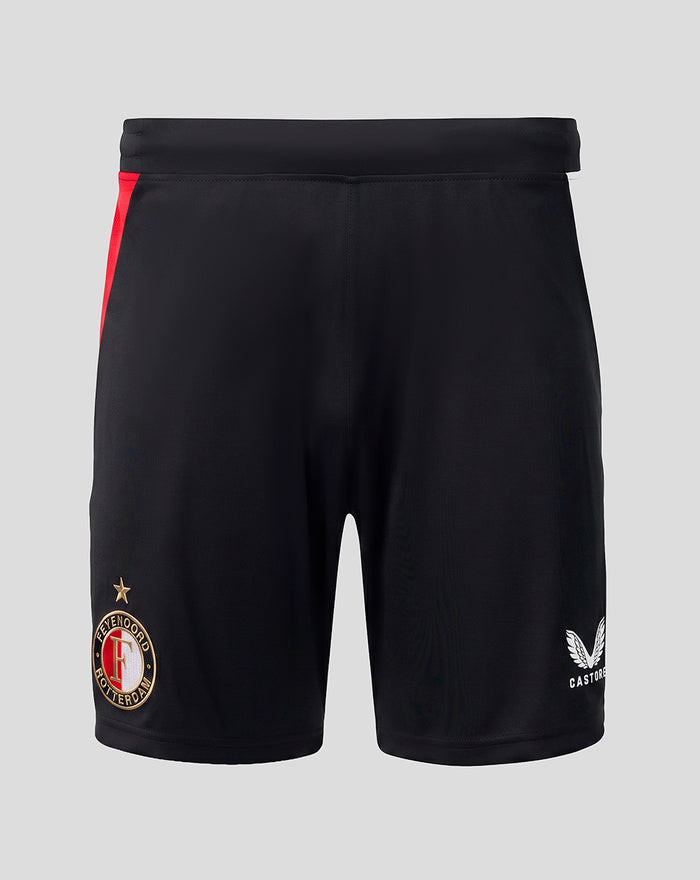 Back view of black Feyenoord Thuisshort with red side stripe, crest on left leg and Castore logo on the right