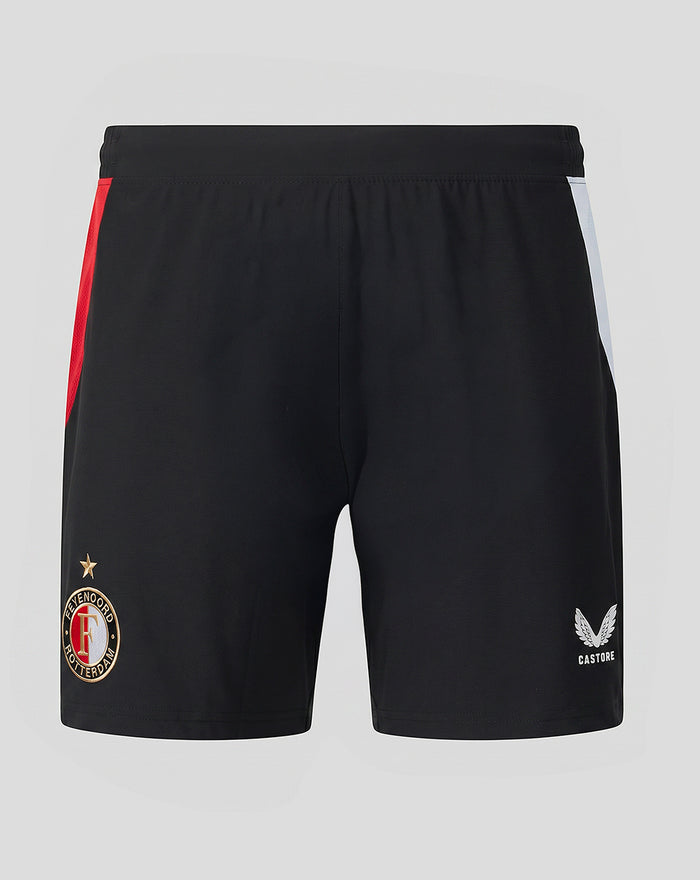 Back view of black Feyenoord home shorts with red side stripe and white panel, displaying the club crest and Castore logo.
