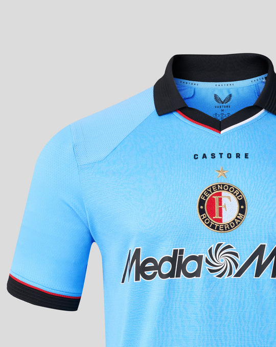 Close up of Feyenoord blue Pro Uitshirt collar area with black neck trim and club crest on chest