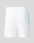 Back view of white Feyenoord shorts for men with blue side stripe and elastic waistband