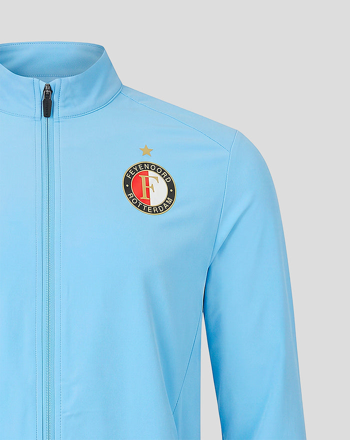 Close up of the chest showing the Feyenoord crest on a light blue jacket with zipper