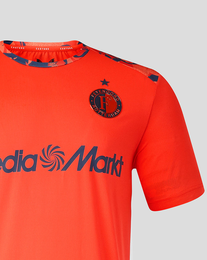 Bright orange Feyenoord Derde Matchday men's T-shirt with crest on left chest and MediaMarkt sponsor across the front