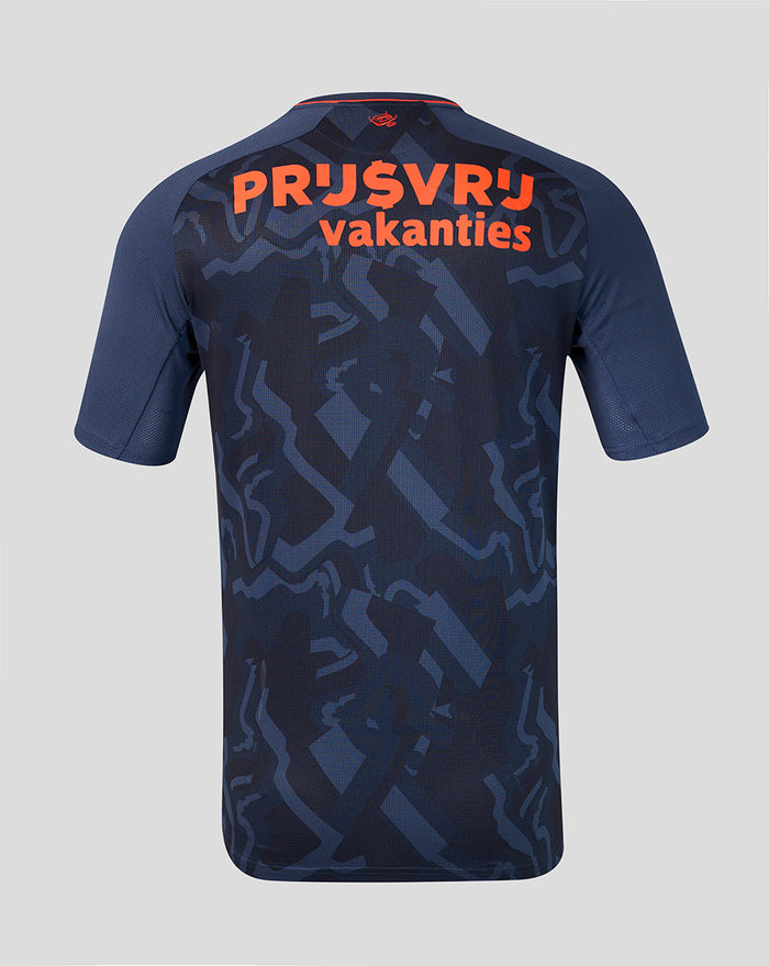 Back view of the navy Feyenoord shirt with bold orange sponsor text across the back.