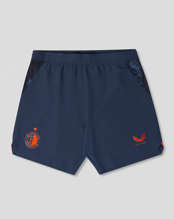 Back view of navy Feyenoord Pro Derde Short showing Castore and Feyenoord logos and side panels.