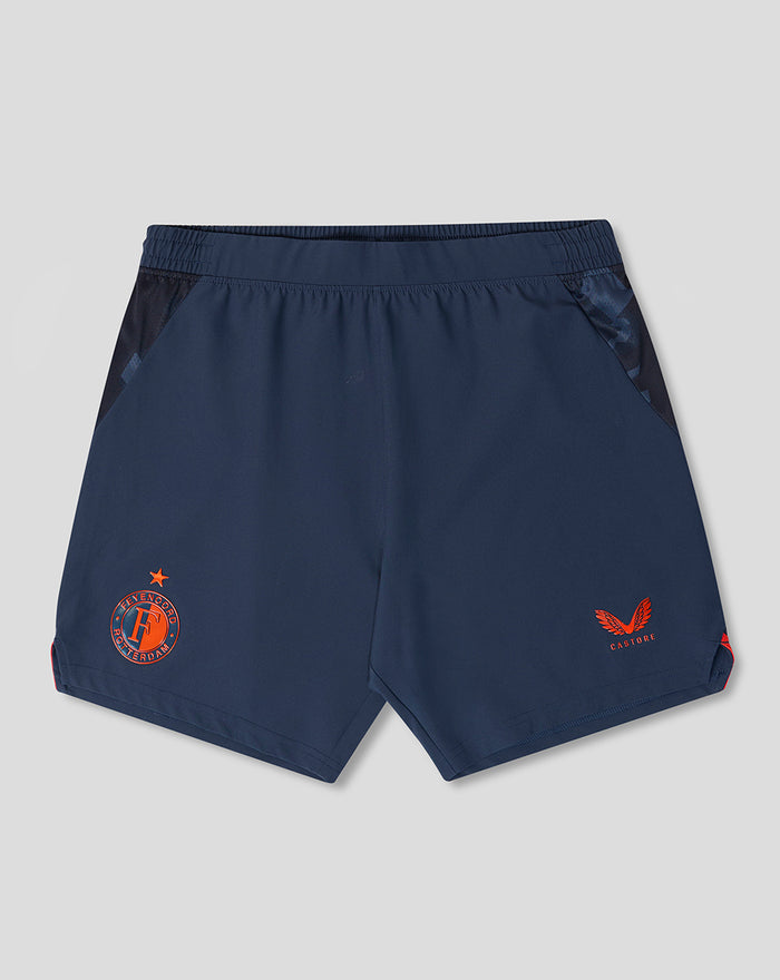 Back view of navy Feyenoord Pro Derde Short showing Castore and Feyenoord logos and side panels.