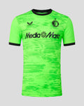 Front view of a bright neon green Feyenoord home goalkeeper shirt with crest and sponsor logo
