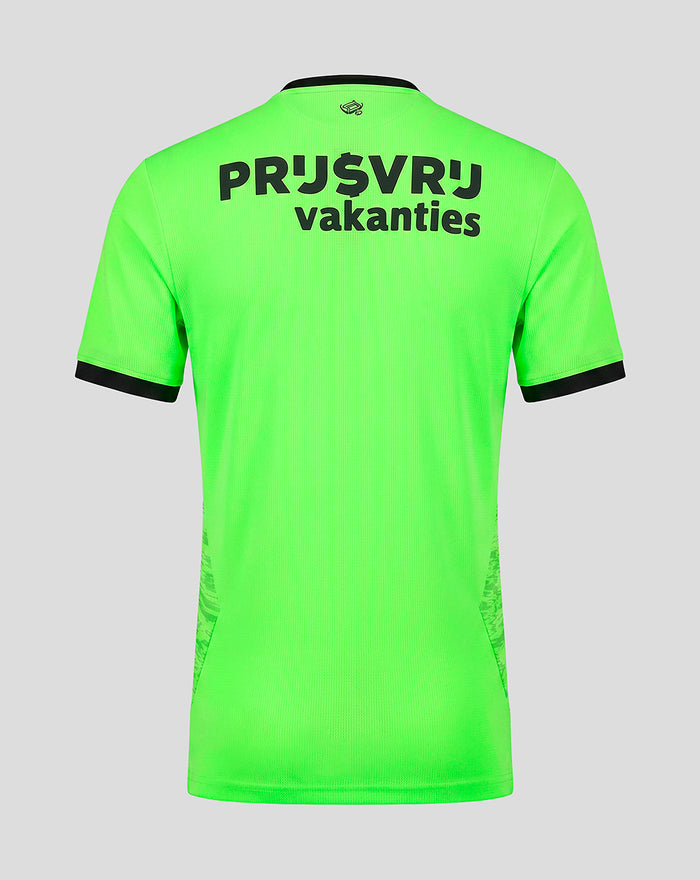 Back view of a neon green Feyenoord training shirt with bold black text across the upper back