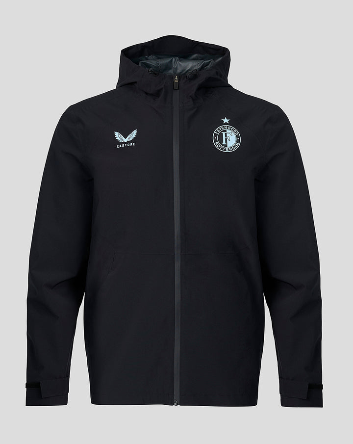 Front view of black Feyenoord training jacket with hood and full zip, Castore and club logos