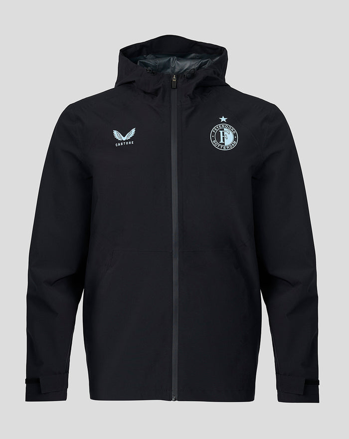 Front view of black Feyenoord training jacket with hood and full zip, Castore and club logos