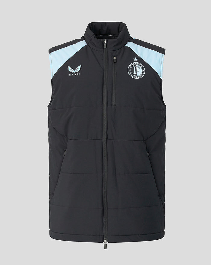 Unisex Feyenoord Training 2026-2027 Coach Gilet in black lightweight padded design with light blue shoulder panels and full zip