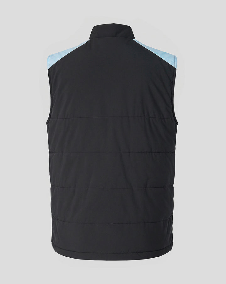Back view of a black padded sleeveless training gilet with light blue shoulder panels and a high collar.