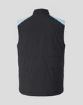 Back view of a black padded sleeveless training gilet with light blue shoulder panels and a high collar.