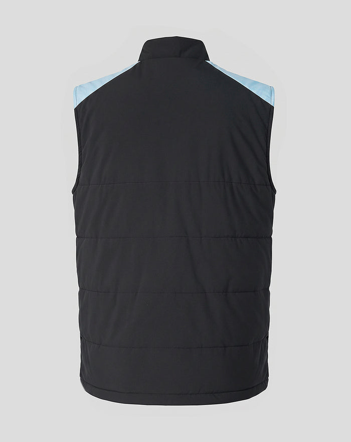 Back view of a black padded sleeveless training gilet with light blue shoulder panels and a high collar.