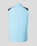 Back view of a light blue padded training vest with black shoulder panels and a stand-up collar.