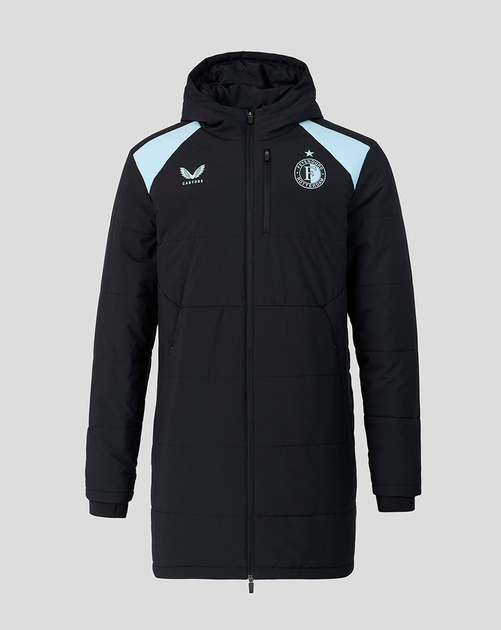 Feyenoord training padded jacket with hood for unisex wear in black with light blue shoulder panels and crest