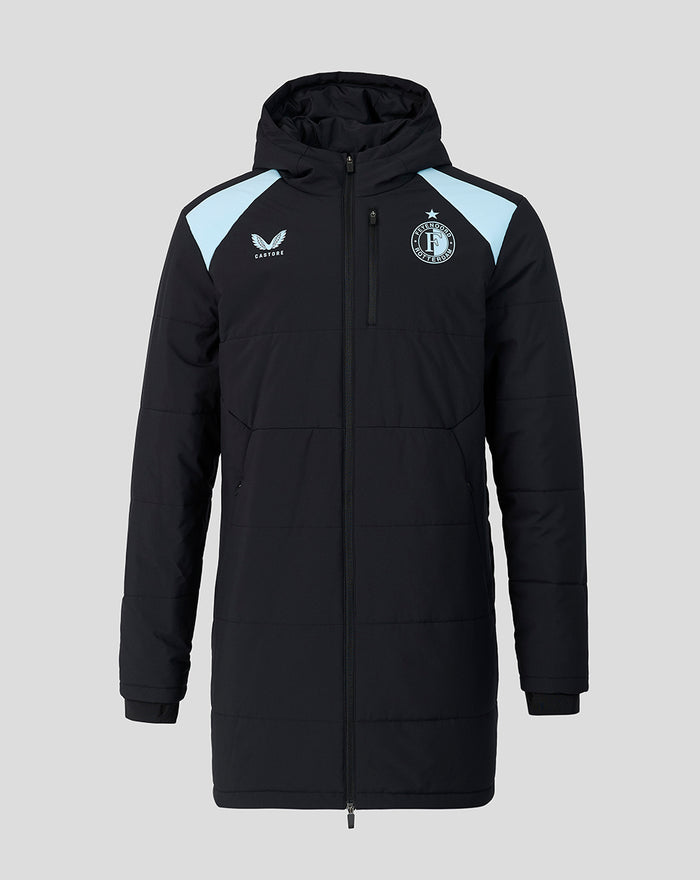 Feyenoord training padded jacket with hood for unisex wear in black with light blue shoulder panels and crest