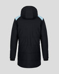 Back view of a black padded Feyenoord coach jacket with light blue shoulder panels and a hood