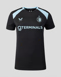Front view of the black Feyenoord training coaches T shirt for women with light blue shoulder panels and logos