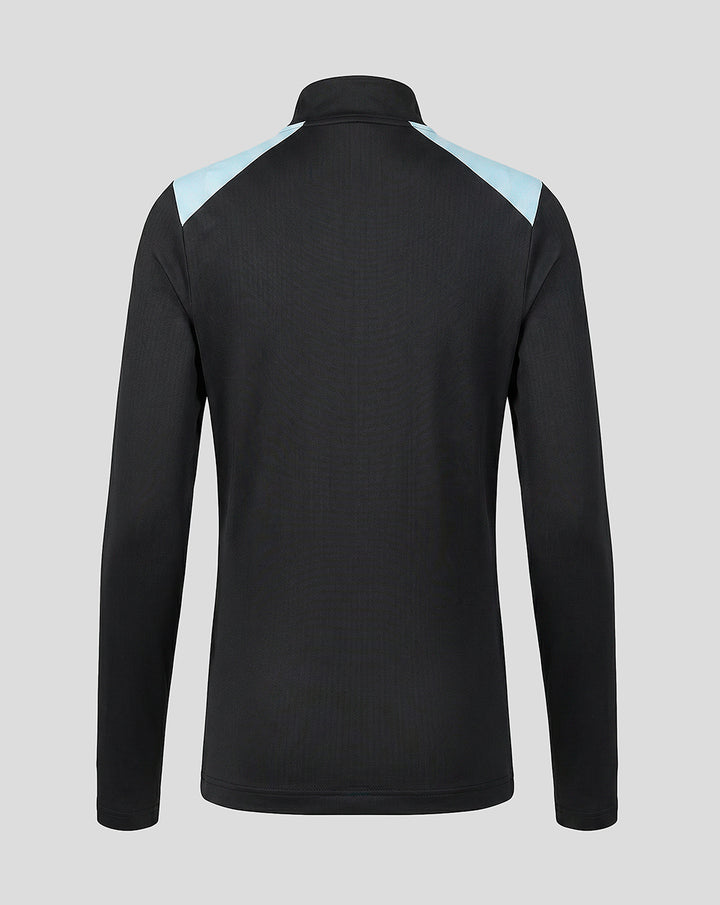 Back view of black Feyenoord training midlayer with light blue shoulder panels.