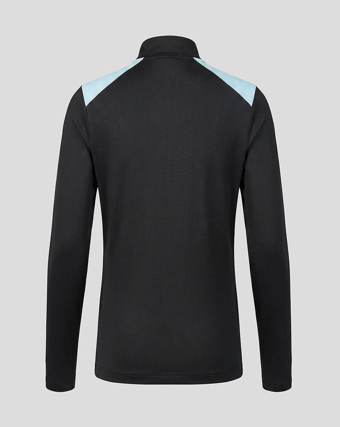 Back view of black Feyenoord training midlayer with light blue shoulder panels.