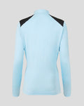 Achterkant van lichtblauwe dames trainings midlayer top met zwarte schouderpanelen