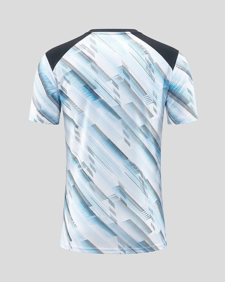 Back view of Feyenoord Uit Matchday 2026-2027 T Shirt for women with a light blue diagonal abstract pattern and black shoulder panels