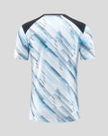 Back view of Feyenoord Uit Matchday 2026-2027 T Shirt for women with a light blue diagonal abstract pattern and black shoulder panels
