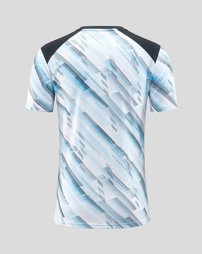 Back view of Feyenoord Uit Matchday 2026-2027 T Shirt for women with a light blue diagonal abstract pattern and black shoulder panels