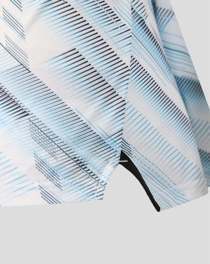 Close-up of Feyenoord women's away matchday shirt fabric in blue and black geometric print