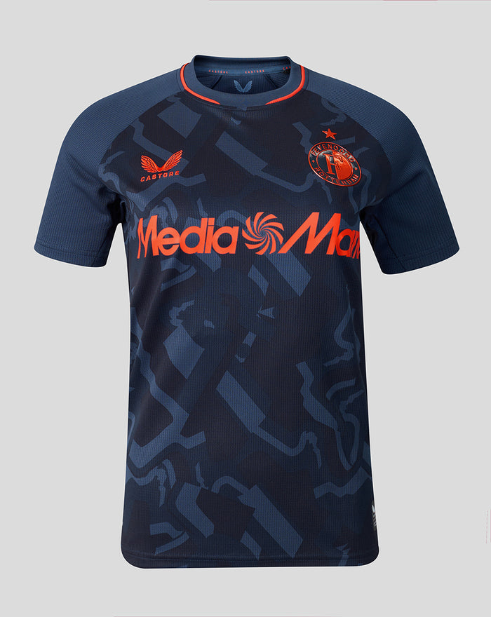 Feyenoord Derde Shirt 2026-2027 women front navy with orange accents; sponsor across chest with Castore and Feyenoord crest.