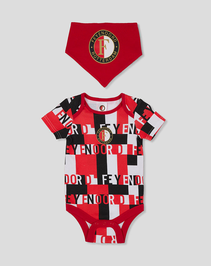 Feyenoord baby set with red bib and graphic red black white onesie featuring club crest.