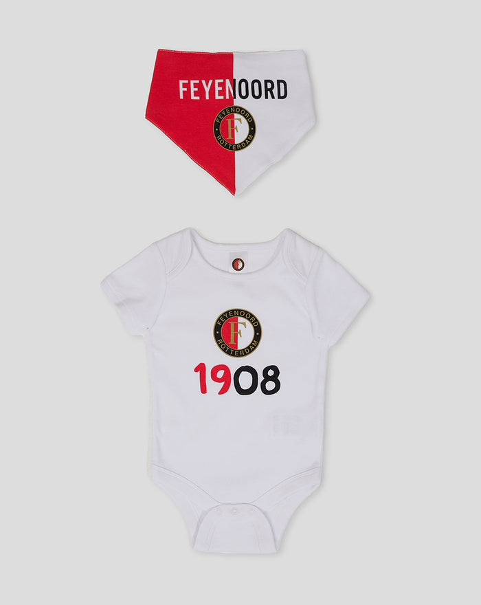 Feyenoord baby set with white onesie featuring crest and 1908, and a red white bandana bib