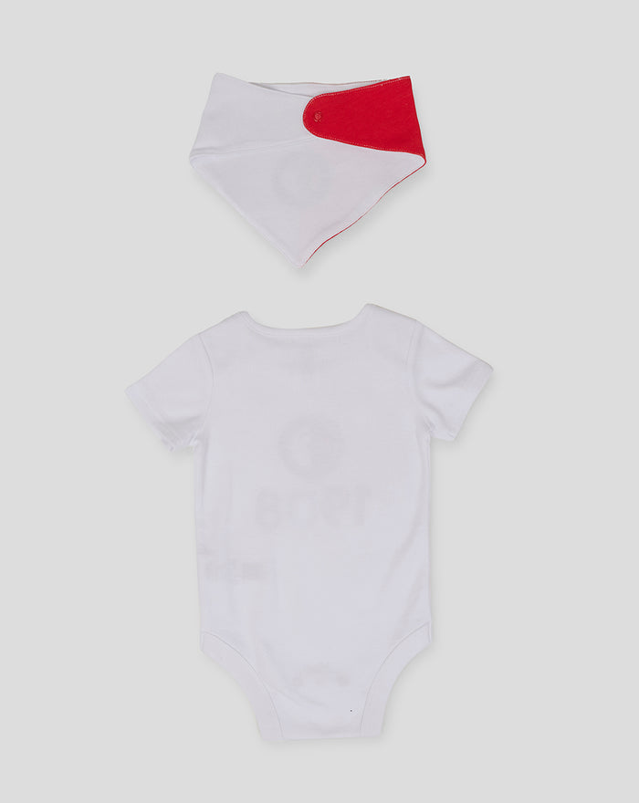 Feyenoord baby set with a red and white bandana bib and a white onesie showing crest