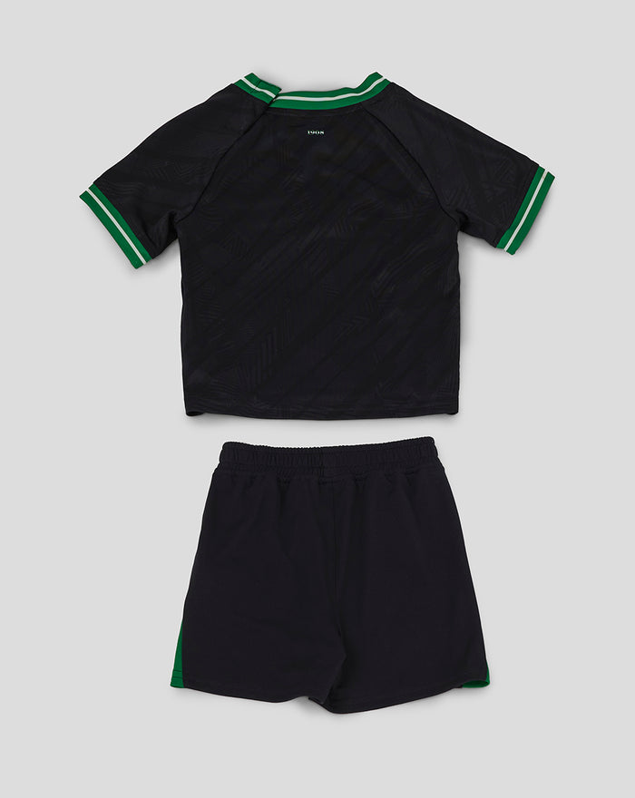 Back view of baby Feyenoord away kit top and shorts in black with green trim