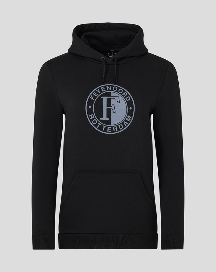 Black FEYENOORD core hoodie for women with a circular Rotterdam logo on the chest