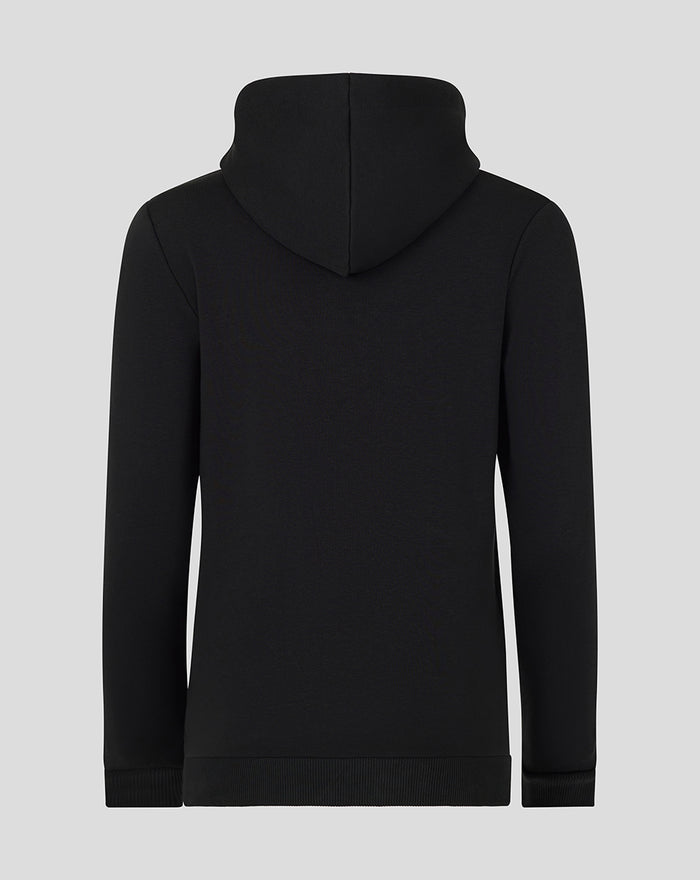 Back view of the black FEYENOORD core hoodie for women with a hood and ribbed hem
