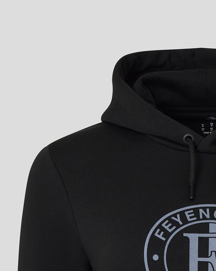 Close-up of the black FEYENOORD core hoodie hood with drawstrings and partial logo