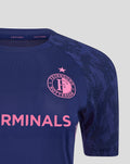 Close up of the left chest showing the Feyenoord crest with a pink star above on navy fabric and bold pink sponsor lettering across the front