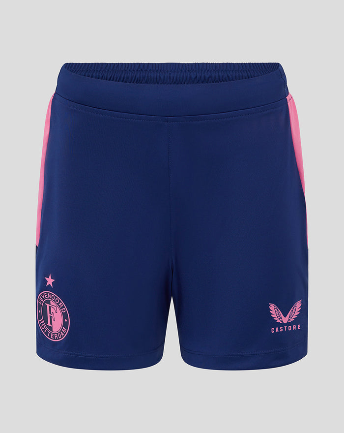 Back view of navy women’s Feyenoord training shorts with pink side panels and Feyenoord crest on one leg and Castore logo on the other