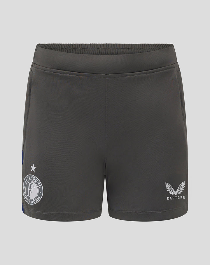 Front view of dark gray Feyenoord women's training shorts with club crest on the left leg and Castore logo on the right leg.