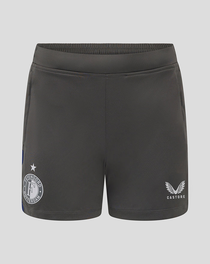 Front view of dark gray Feyenoord women's training shorts with club crest on the left leg and Castore logo on the right leg.