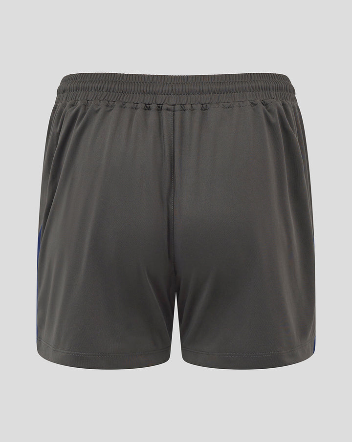 Back view of dark gray Feyenoord women's training shorts with elastic waistband and blue side panels.