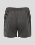 Back view of dark gray Feyenoord women's training shorts with elastic waistband and blue side panels.