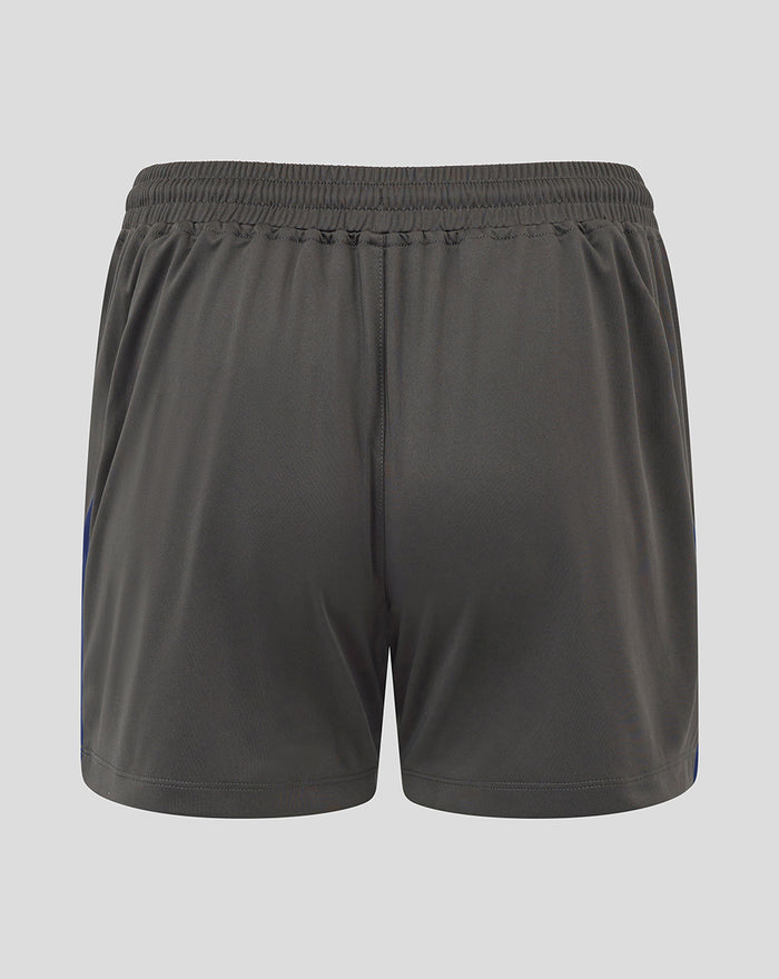 Back view of dark gray Feyenoord women's training shorts with elastic waistband and blue side panels.
