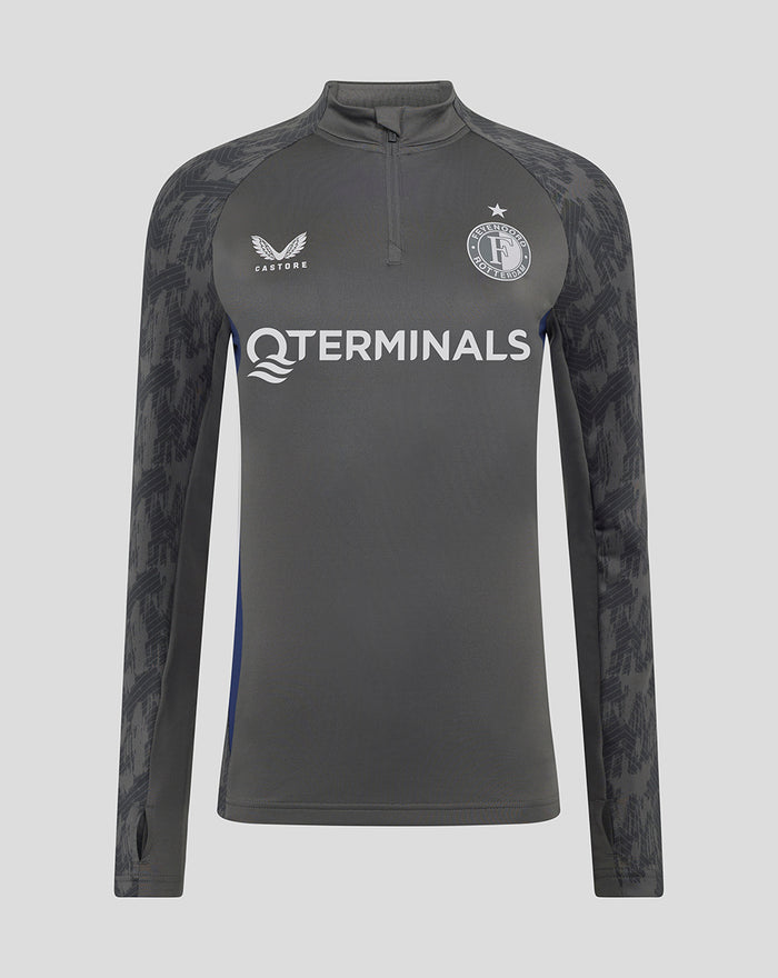 Feyenoord coaches midlayer top in dark gray with patterned sleeves, quarter zip, and Castore and Feyenoord logos on the chest